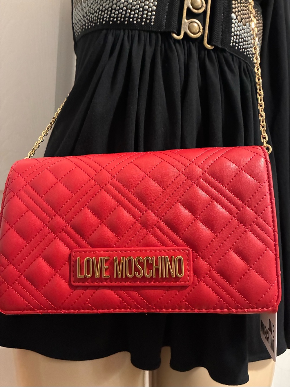 Love Moschino Red Quilted Shoulder Crossbody with Gold Chain